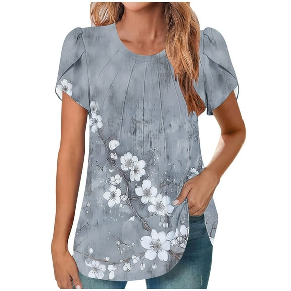 HAPIMO Women' Plus Size Round Neck Tees Summer Tops for Women Flower Print Tops Fashion Clothes Flowy Casual Loose Elegant Pleated Blouses Dressy Tunic Multicolor L