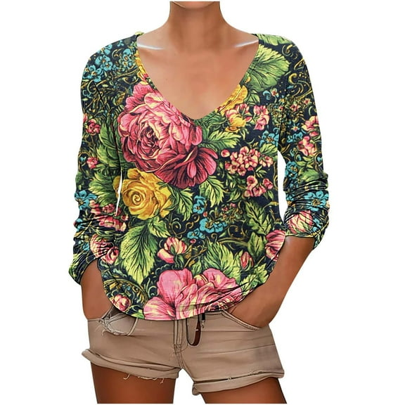 HAPIMO Women' Plus Size Scoop Neck Tees Summer Tops for Women Casual Loose Fashion Clothes Flower Print Tops Elegant Blouses Flowy Dressy Tunic Multicolor XXL
