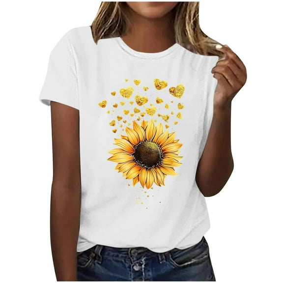 HAPIMO Women' Plus Size Summer Tops for Women Crew Neck Tees Flower Graphic Bsaic Tees Fashion Clothes Elegant Blouses Casual Loose Dressy Tunic White S