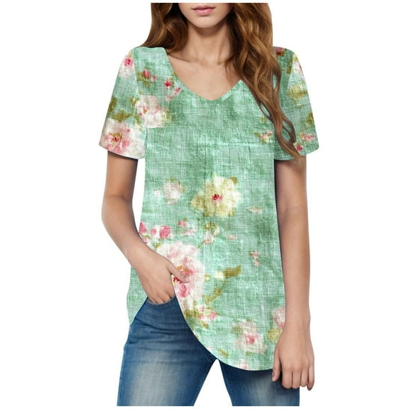HAPIMO Women' Plus Size Summer Tops for Women V-Neck Tees Flower Print Tops Elegant Blouses Flowy Fashion Clothes Casual Loose Dressy Tunic Multicolor S