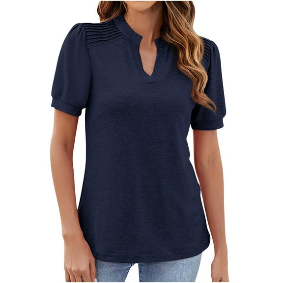 HAPIMO Women' Plus Size Summer Tops for Women V-Neck Tees Elegant Blouses Flowy Fashion Clothes Casual Loose Solid Color Dressy Tunic Blue L