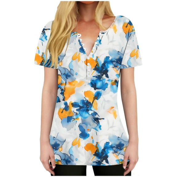 HAPIMO Women' Plus Size Summer Tops for Women V-Neck Tees Fashion Clothes Elegant Blouses Flower Print Tops Casual Loose Flowy Dressy Tunic Blue S