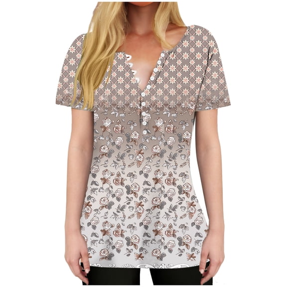 HAPIMO Women' Plus Size V-Neck Tees Flower Print Tops Elegant Blouses Summer Tops for Women Fashion Clothes Flowy Casual Loose Dressy Tunic Multicolor M