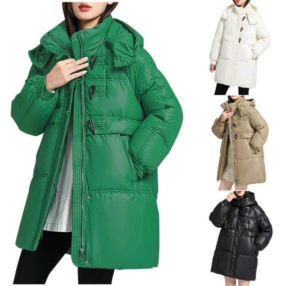 HAPIMO Women Down Puffer Jacket with Hood,Hooded Zipper Winter Down Puffer Coat for Women Horn Button Thick Quilted Outerwear Pockets Black L