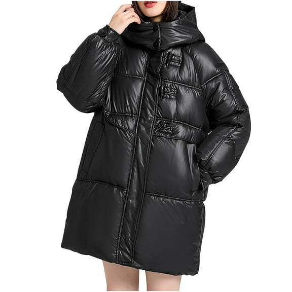 HAPIMO Women Down Puffer Jacket with Hood,Hooded Zipper Winter Down Puffer Coat for Women Horn Button Thick Quilted Outerwear Pockets Black M