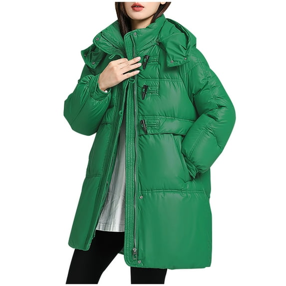 HAPIMO Women Down Puffer Jacket with Hood,Hooded Zipper Winter Down Puffer Coat for Women Horn Button Thick Quilted Outerwear Pockets Green XL