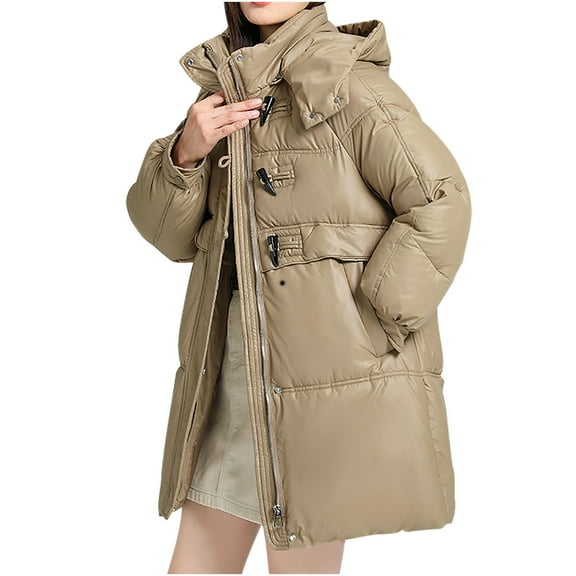HAPIMO Women Down Puffer Jacket with Hood,Hooded Zipper Winter Down Puffer Coat for Women Horn Button Thick Quilted Outerwear Pockets Yellow S