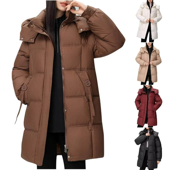 HAPIMO Women Quilted Coat Midi Length Long Sleeve Puffer Jacket Solid Detachable Hooded Padded Coats Thick Warm Winter Outerwear Beige L