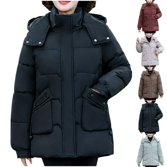 HAPIMO Women Quilted Coat Midi Length Long Sleeve Puffer Jacket Solid Detachable Hooded Padded Coats Thick Warm Winter Outerwear Cotton Black XXL