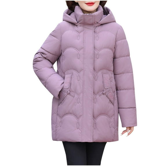 HAPIMO Women Quilted Coat Midi Length Long Sleeve Puffer Jacket Solid Detachable Hooded Padded Coats Thick Warm Winter Outerwear Pockets Button Cotton Purple XXXXL