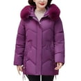 thumbnail image 1 of HAPIMO Women Quilted Coat Midi Length Long Sleeve Puffer Jacket Solid Faux Hooded Padded Coats Thick Warm Winter Outerwear Pockets Cotton Purple L, 1 of 6