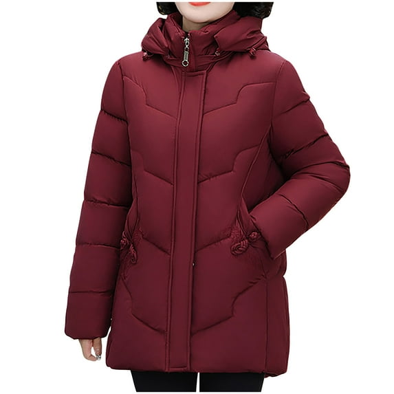 HAPIMO Women Quilted Coat Midi Length Long Sleeve Puffer Jacket Solid Hooded Padded Coats Thick Warm Winter Outerwear Cotton Red XL