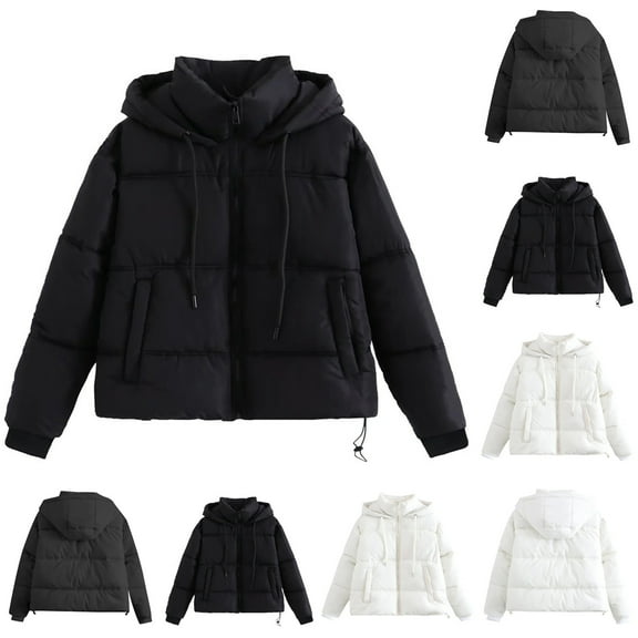 HAPIMO Women'S Cropped Puffer Jacket Lightweight Short Down Coat with Hood Long Sleeves Pockets Winter Workout Zipper Black L
