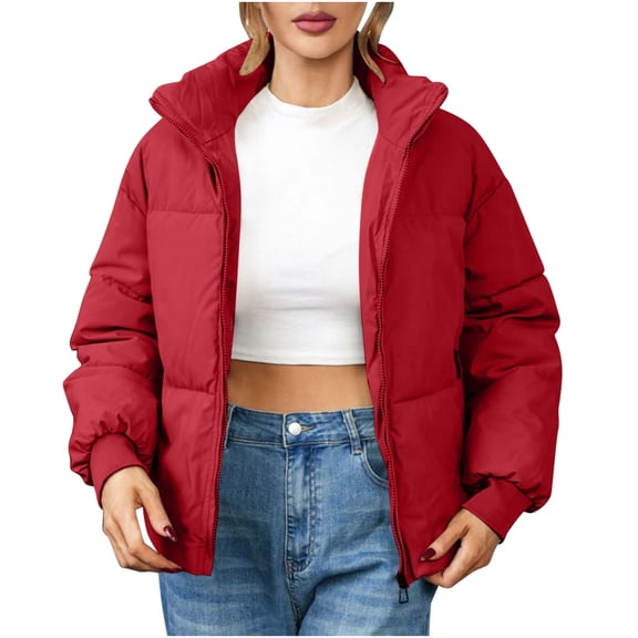 HAPIMO Women'S Cropped Puffer Jacket Long Sleeve Stand Collar Padded Coats Full Zip Up Quilted Jackets Winter Workout Red L