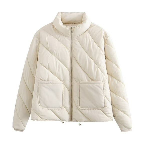 HAPIMO Women'S Lightweight Long Sleeve Stand Collar Cropped Puffer Jackets Short Winter Coats Pockets Zipper White L