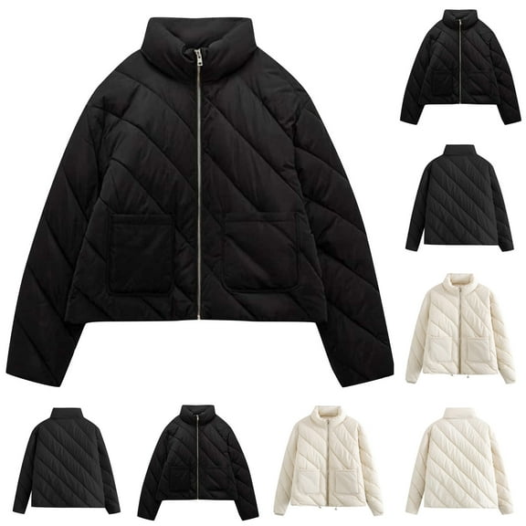 HAPIMO Women'S Lightweight Long Sleeve Stand Collar Cropped Puffer Jackets Short Winter Coats Pockets Zipper Black L