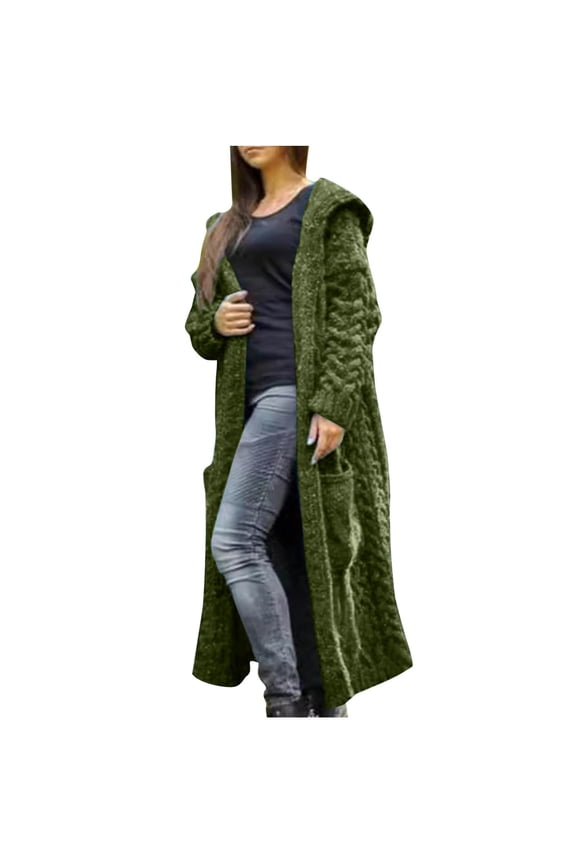 Women'S Midi Knit Cardigan Sweaters Fall Fashion Long Sleeve Open Front Hoodies Trendy Casual Sweater Jacket V Neck Pockets Coats Green M