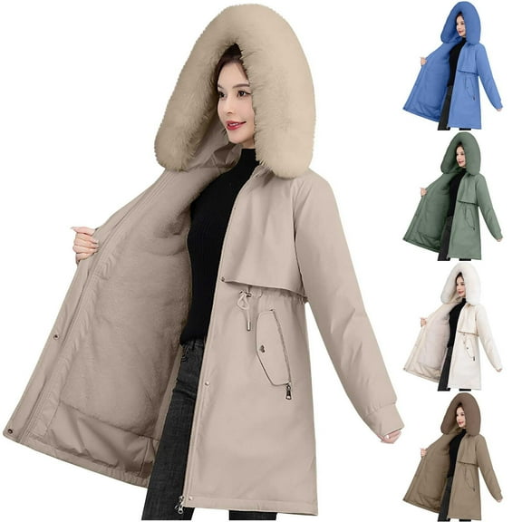 HAPIMO Women'S Windproof Fleece Lined Faux Fur Detachable Hood Winter Parka Coat Jacket Thicken Coat Beige L
