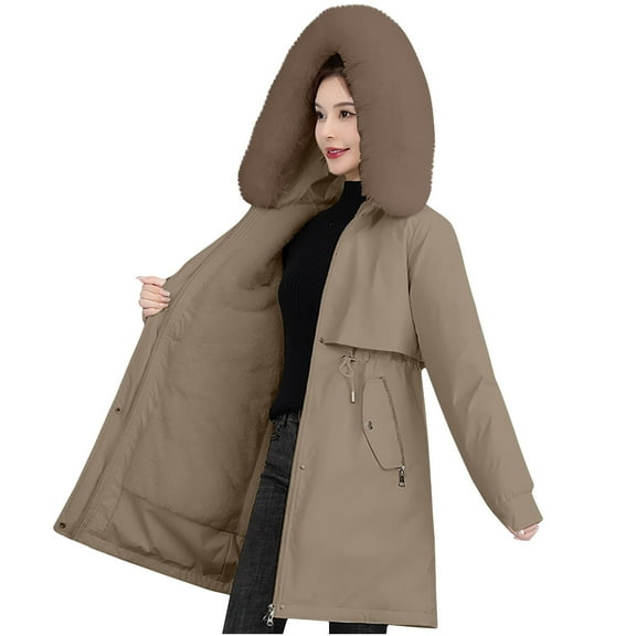 HAPIMO Women'S Windproof Fleece Lined Faux Fur Detachable Hood Winter Parka Coat Jacket Thicken Coat Brown XXL