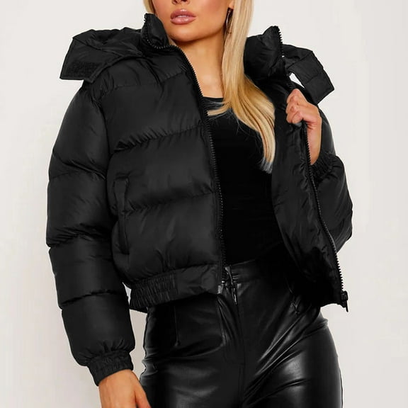 HAPIMO Women'S Winter Oversized Cropped Puffer Jacket Zip Up Short Down Coat Stand Collar Baggy Overcoat Pockets Black L