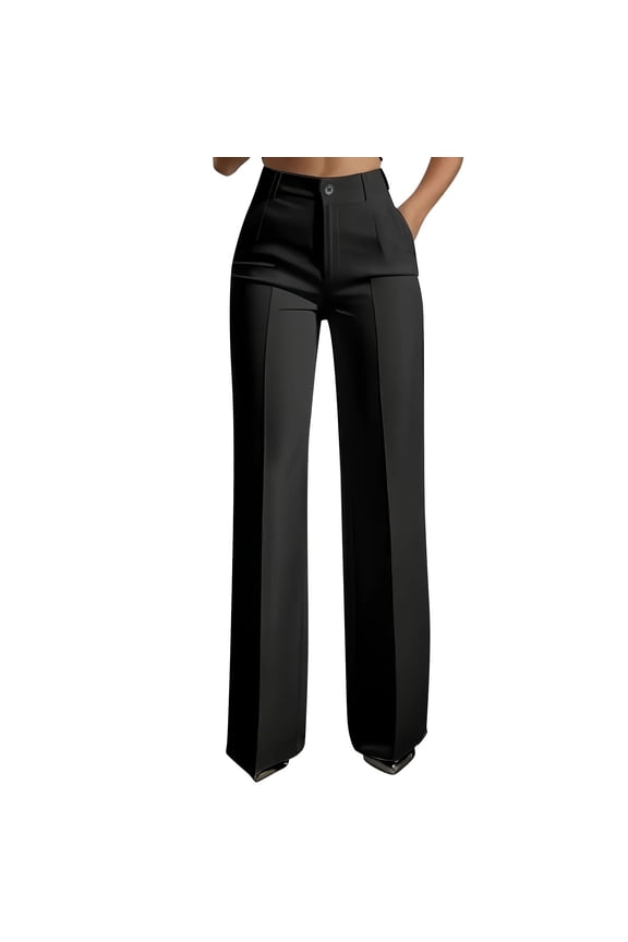 Women Straight Leg Pants High Rise Zip Up Dress Trousers with Tailored Design for Work Wear Black L