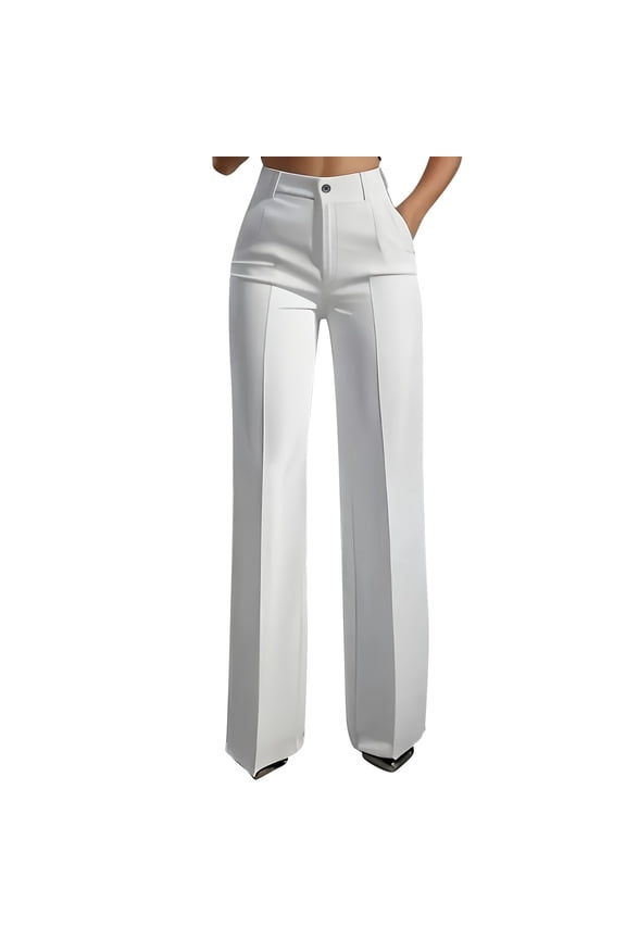 Women Straight Leg Pants High Rise Zip Up Dress Trousers with Tailored Design for Work Wear White L
