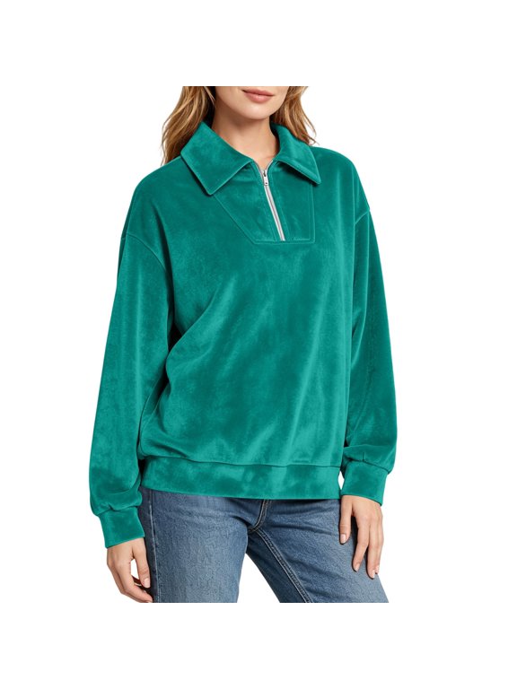 Women Velvet Sweatshirt Long Sleeve Pullover Half Zip Collared Rib Cuff For Casual Gathering Green XL