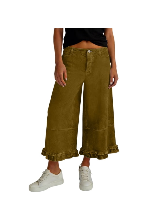 Women Wide Leg Trousers High Waist Pull On Office Wear Pants with Lightweight Material Army Green S