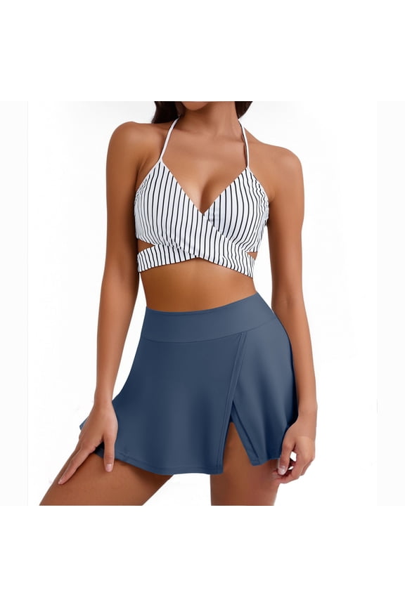 Women's 2 Piece Bikini Sets Halter Swimwear with High Waist Mini Skirts 2026 Summer Casual Seaside Clothes Beach Vacation Bathing Suit Dark Blue XXL