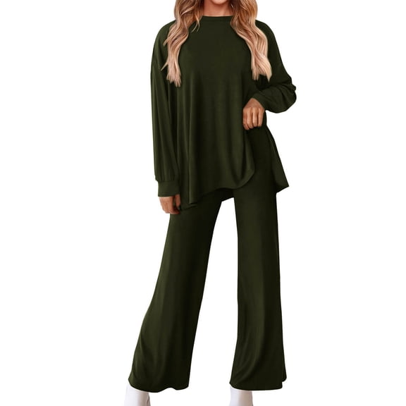 HAPIMO Women's 2 Piece Outfits Fall Casual Long Sleeve Loose Pullover Drop Shoulder Tops Wide Leg Pants Sets Pockets Tracksuits Green S