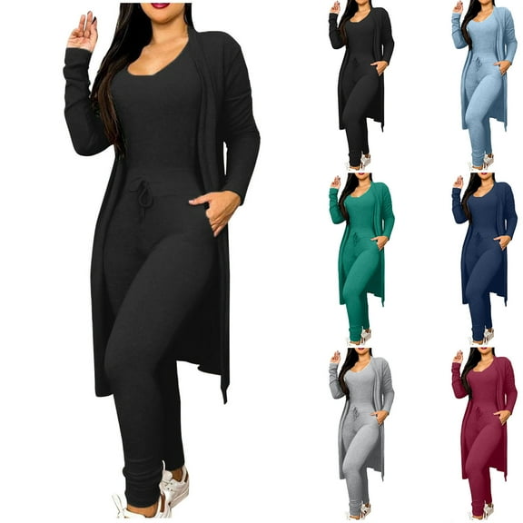 HAPIMO Women's 2 Piece Outfits - Ribbed Long Sleeve Jumpsuit Bodysuit + Long Open Front Cardigan Jackets Loungewear Sets Knitted Sweaters Tracksuits Black L