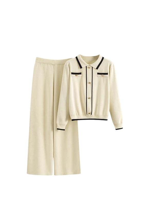 Women's 2 Piece Sets Casual Lapel Sweater Long Sleeve Buttong Down Knit Top High Waist Wide Leg Pant Trendy Loungewear Set Beige