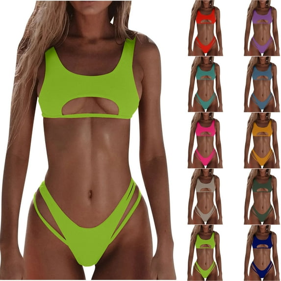 HAPIMO Women's 2Pc Bikini Sets Cutout Soild Color Sleeveless Summer Beach High Cut Lacing Tropical Hawaii Swimsuit Trendy Bikini Army Green L