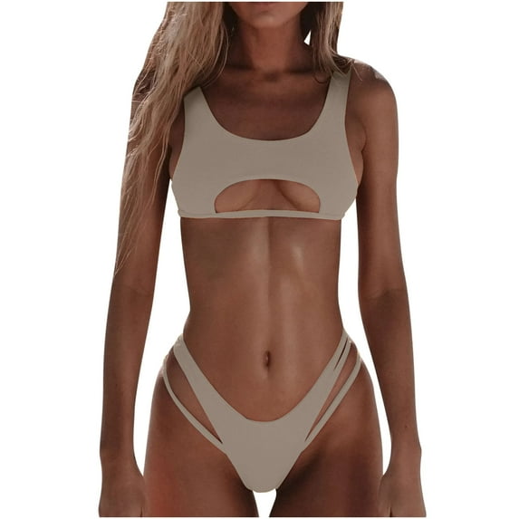 HAPIMO Women's 2Pc Bikini Sets Cutout Soild Color Sleeveless Summer Beach High Cut Lacing Tropical Hawaii Swimsuit Trendy Bikini Beige M