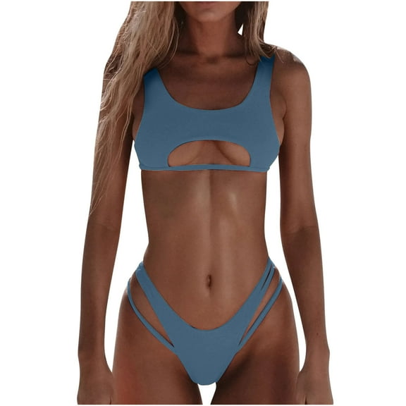 HAPIMO Women's 2Pc Bikini Sets Cutout Soild Color Sleeveless Summer Beach High Cut Lacing Tropical Hawaii Swimsuit Trendy Bikini Blue S