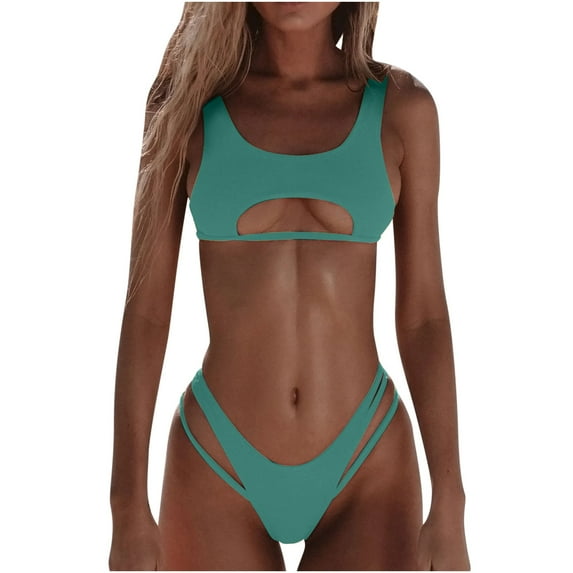 HAPIMO Women's 2Pc Bikini Sets Cutout Soild Color Sleeveless Summer Beach High Cut Lacing Tropical Hawaii Swimsuit Trendy Bikini Green XL