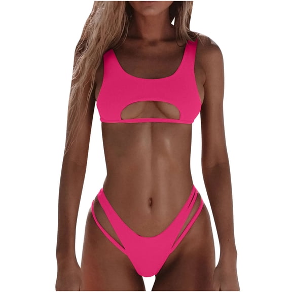HAPIMO Women's 2Pc Bikini Sets Cutout Soild Color Sleeveless Summer Beach High Cut Lacing Tropical Hawaii Swimsuit Trendy Bikini Pink S