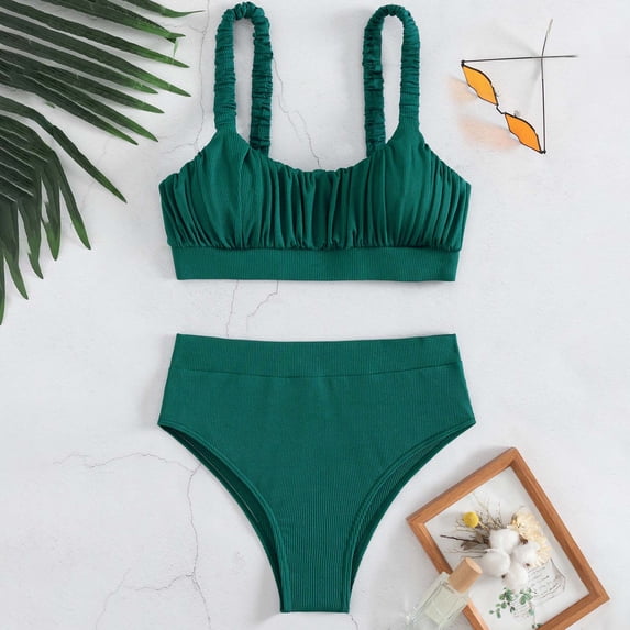 HAPIMO Women's 2Pc Bikini Sets Soild Color Sleeveless Vintage High Waist Tropical Hawaii Swimsuit Trendy Bikini Summer Beach Green L