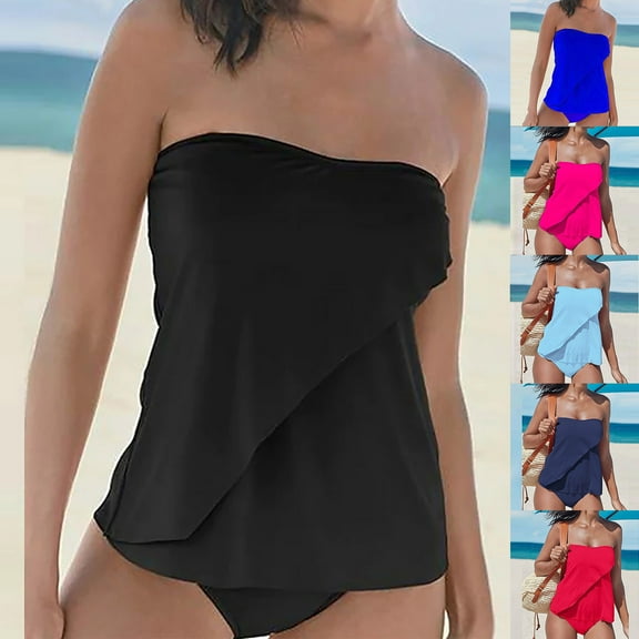 HAPIMO Women's 2Pc Tankini Sets Ruffle Soild Color Summer Beach Strapless Hide Belly Boyshorts Tropical Hawaii Trendy Bikini Swimsuit Black L