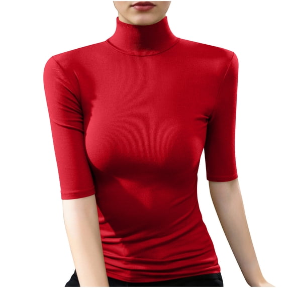 HAPIMO Women's 3/4 Long Sleeve Tops Ribbed Knit Shirts Slim Fit Basic Layer Blouses Casual Turtleneck Pullover Tops Fashion Out Go Tops Red S