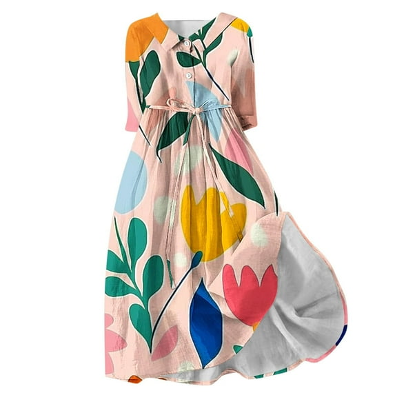 HAPIMO Women's 3/4 Sleeve Spring Summer Tea Length A Line Dress Lapel V Neck Button Flowy Fall Dress Elegant Casual Drawstring Fashion Floral Boho Workout Pink XXL