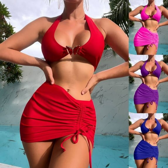 HAPIMO Women's 3Pc Bikini Sets Soild Color Sleeveless with Wrap Skirt Tropical Hawaii Swimsuit Trendy Bikini Summer Beach Blue L