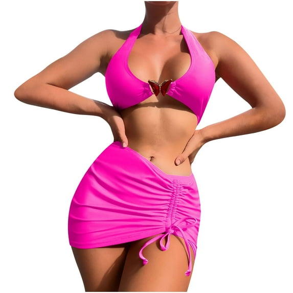 HAPIMO Women's 3Pc Bikini Sets Soild Color Sleeveless with Wrap Skirt Tropical Hawaii Swimsuit Trendy Bikini Clearance Summer Beach Hot Pink L