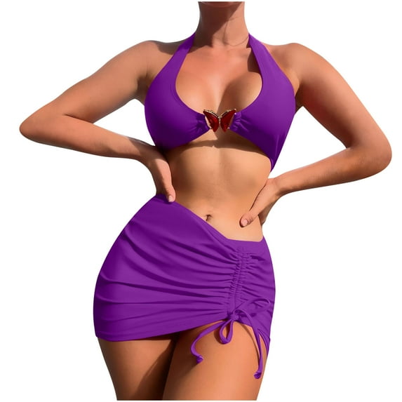 HAPIMO Women's 3Pc Bikini Sets Soild Color Sleeveless with Wrap Skirt Tropical Hawaii Swimsuit Trendy Bikini Clearance Summer Beach Purple L