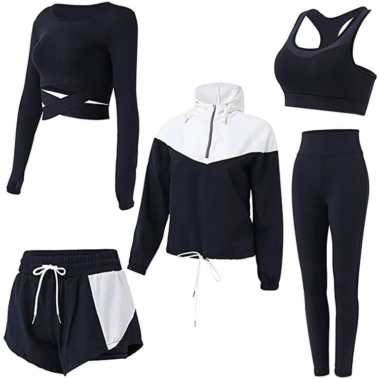 HAPIMO Women's 5 PCS Workout Sets Plus Size Yoga Clothing Suit Set  Tracksuit Running Winter Fitness Clothing Womens Bib Woman Savings Black  XXL 