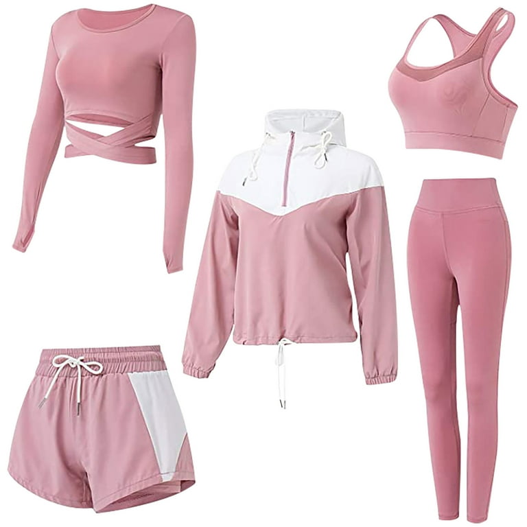 HAPIMO Women's 5 PCS Workout Sets Plus Size Yoga Clothing Suit Set  Tracksuit Running Winter Fitness Clothing Womens Bib Woman Savings Pink L