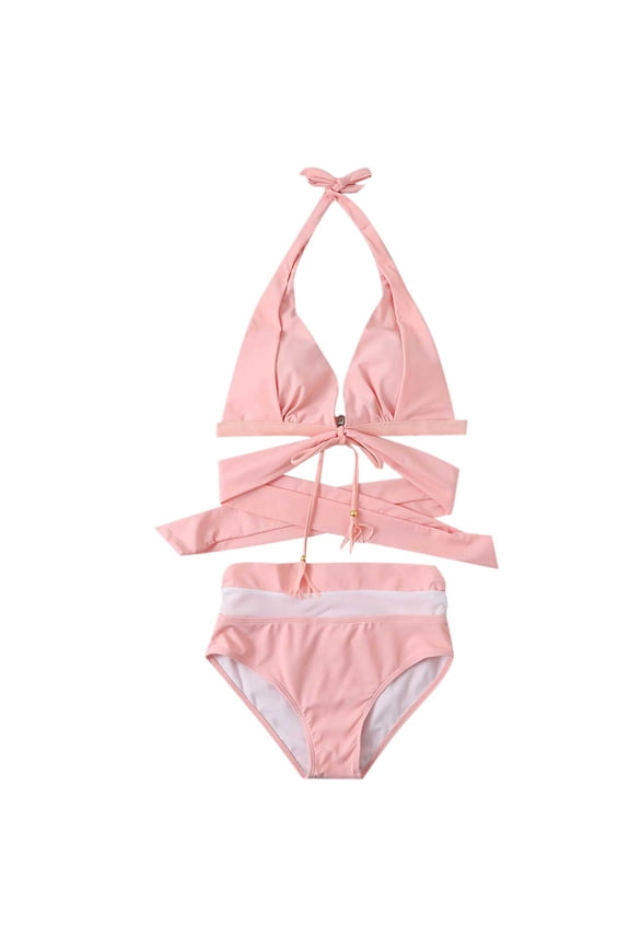 Women's Bikini Swimsuit Cross Bow Bathing Suit Solid Color Beachwear Halter Front Ruched Swimwear Sets Summer Seaside Clothes for Girls Pink L