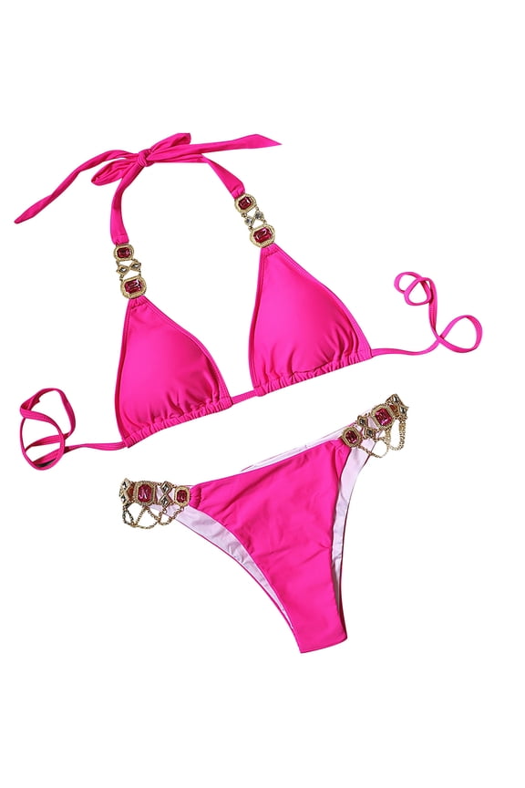 Women's Bikini Swimsuit Crystal Strappy Bathing Suit Summer Seaside Clothes for Girls Triangle Swimwear Sets Solid Color Beachwear Hot Pink S