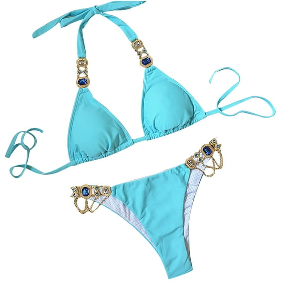 HAPIMO Women's Bikini Swimsuit Crystal Strappy Bathing Suit Summer Seaside Clothes for Girls Triangle Swimwear Sets Solid Color Beachwear Sky Blue S