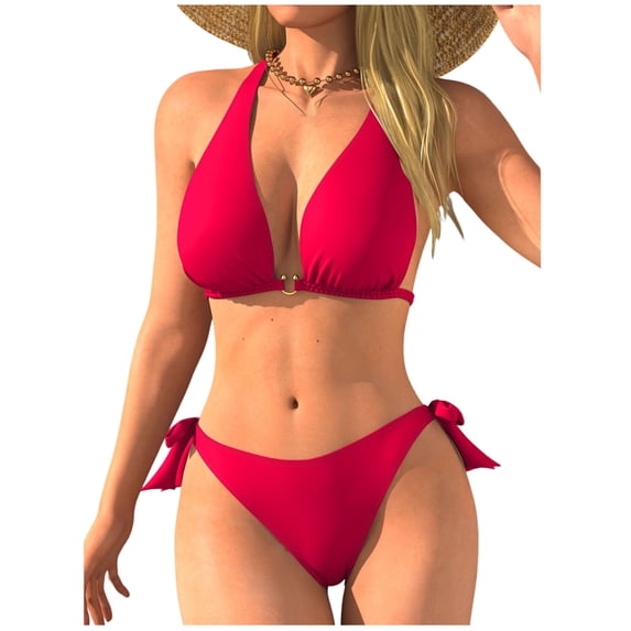 HAPIMO Women’s Bikini Swimsuit Halter-Straps Swimwear with Tie-Side Bottom, Solid Color Two Piece Bathing Suit Summer Tropical Hawaii Swimsuit for Beach Pool Red M